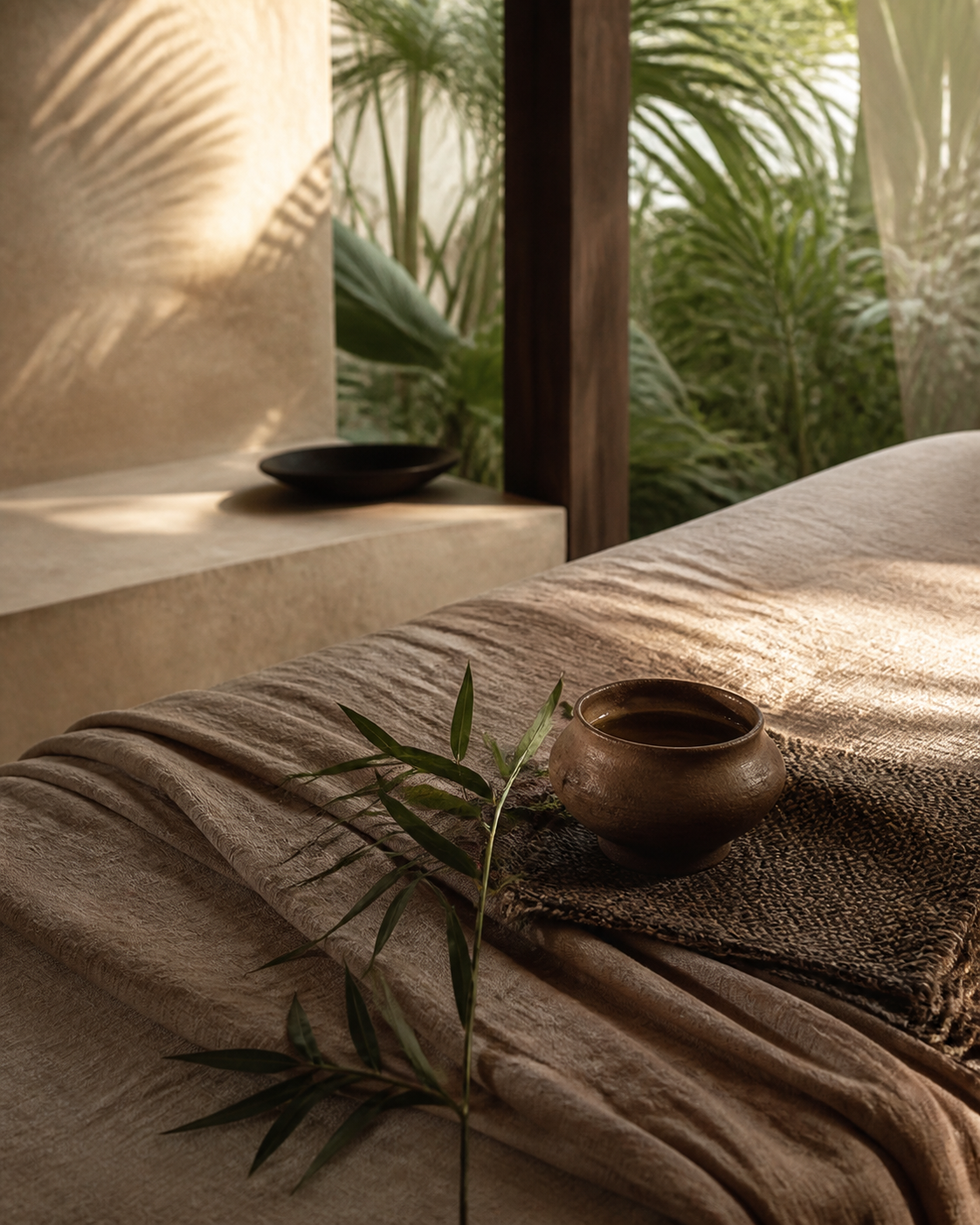 Natural linen and a clay oil vessel prepared for a massage