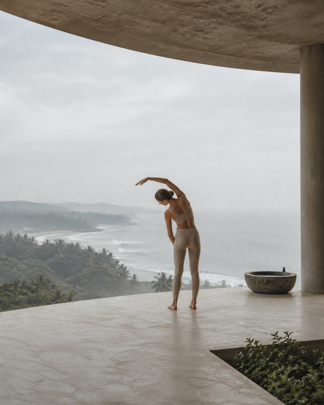 Private movement practice on a terrace above the Pacific