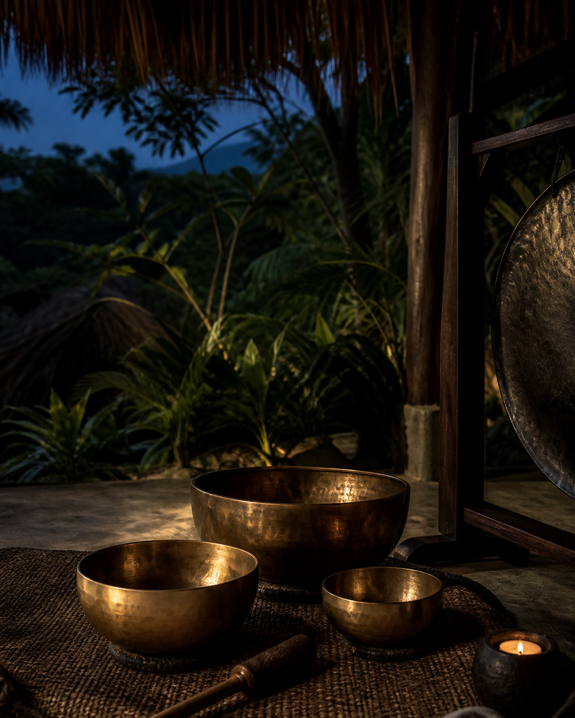 Handmade singing bowls on a woven mat at dusk
